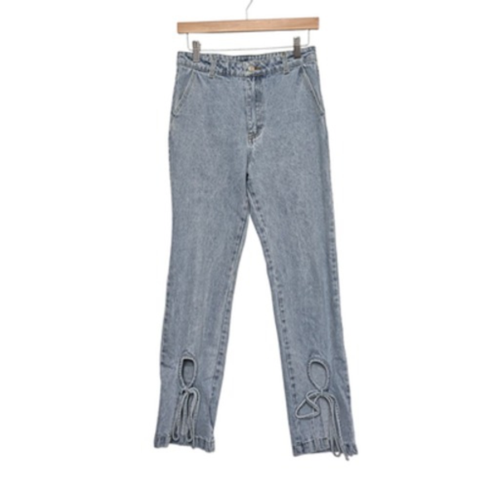 12th Tribe Jeans Womens Small Blue Light Wash Ankle Cutout Tie Bow Denim A0305P